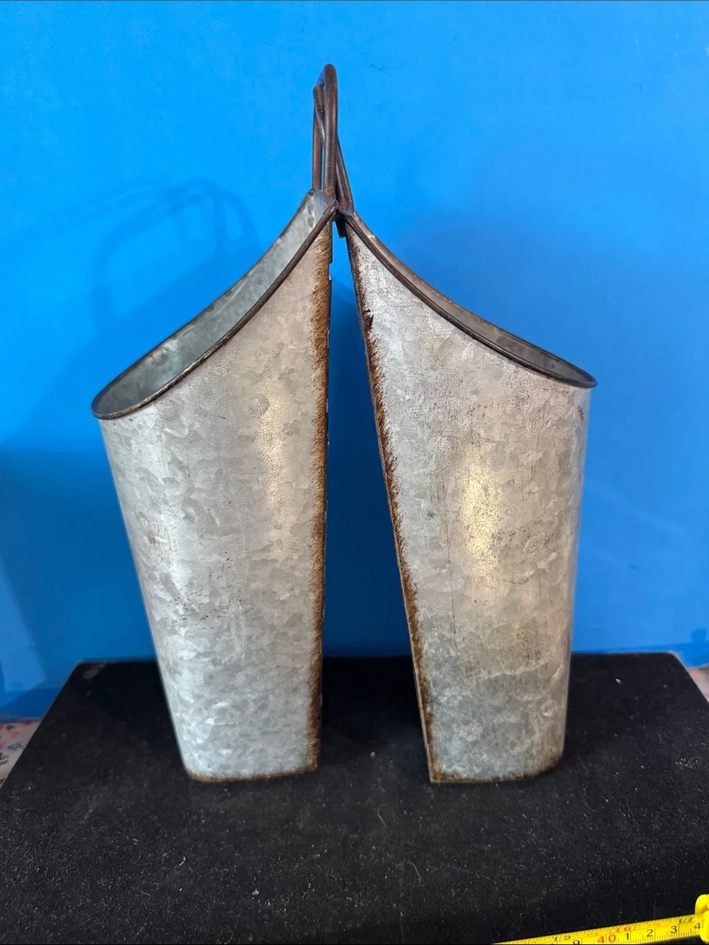 2 Galvanized Wall Pocket Planter - Rustic Silver Metal Hanging Vase with Handles
